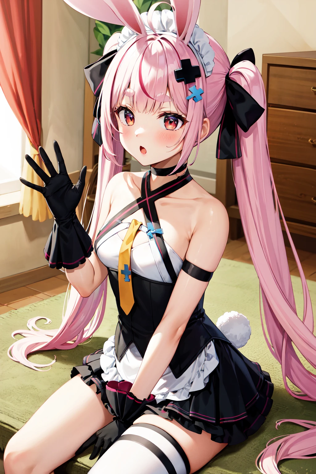 masterpiece、top-quality、1人、Virtual Youtuber、Minato Aqua、multi color hair、Twin-tailed、Color Inner Hair、Two-tone hair、Drill Hair、twin drills、Ahoge、Ankle Cuffs、striated hair、white bow、Cowboy Shots,Smile,Opening Mouth,Hotel room,all-fours,cleavage,open chest sweater