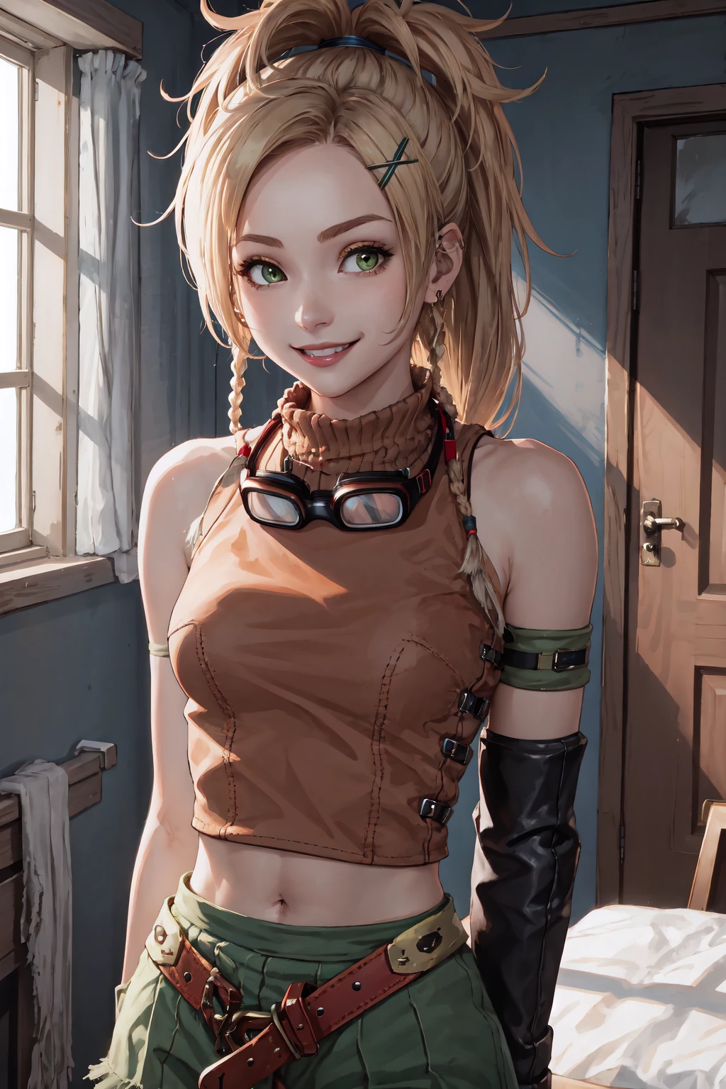 1girl, RikkuX, x hair ornament, goggles around neck, fingerless gloves, midriff, navel, belt, <lora:RikkuV3:1>, upper body, seductive smile, arms behind back, indoors,