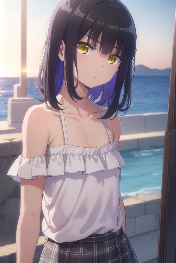 narumitooi, <lora:narumi tooi anime s1-lora-nochekaiser:1>,
narumi tooi, long hair, black hair, (yellow eyes:1.3), bangs, blunt bangs, (flat chest:1.2),
BREAK shirt, white shirt, off shoulder, short sleeves, collarbone, bra strap,
BREAK outdoors, beach,
BREAK looking at viewer,
BREAK <lyco:GoodHands-beta2:1>, (masterpiece:1.2), best quality, high resolution, unity 8k wallpaper, (illustration:0.8), (beautiful detailed eyes:1.6), extremely detailed face, perfect lighting, extremely detailed CG, (perfect hands, perfect anatomy),