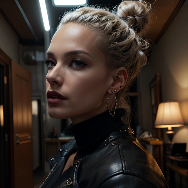 (masterpiece:1.2), (best quality,:1.2), 8k, HDR, ultra detailed, ((photorealistic)), professional light, cinematic lighting, fashion photography, ambient lighting, face lighting, Lillyfee, <lora:Lillyfee-10:1>, dynamic pose, wild and messy hair, earrings, dark makeup, choker, necklace, ((portrait shot)), turtleneck pullover, leather coat, perfect skin, looking at viewer