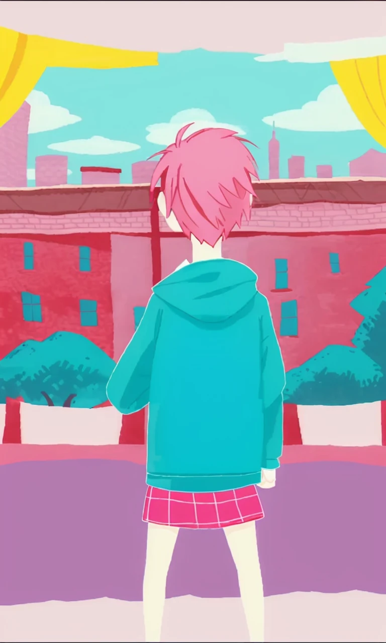 spyxfamabs2023, 1girl, uhd, 8k, best quality, masterpiece, illustration, vibrant colors, city, pink hair, stylized, cartoon, cute