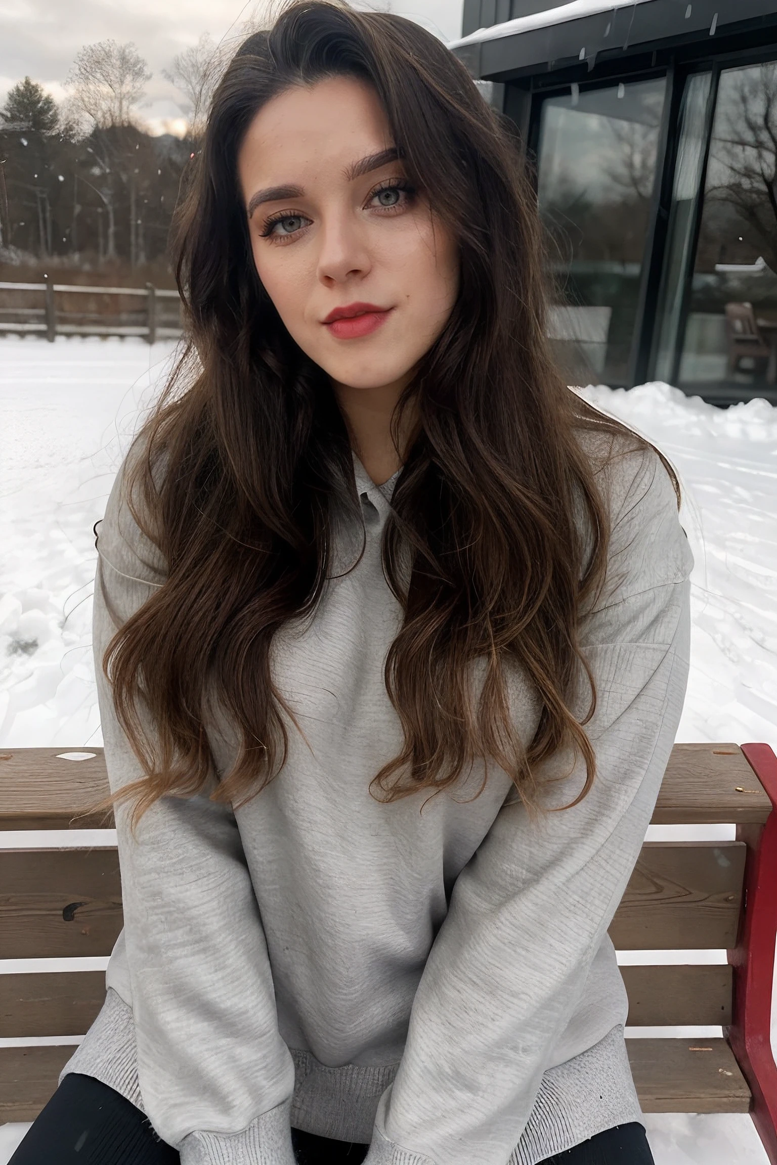 maria andrejczyk, long hair, wavy hair, makeup, red lips, lipstick, grey eyeshadow,
black sweater, wool sweater,
upper body, medium close-up, snowy background, bench,
<lora:MariaAndrejczyk_(V1):0.7>