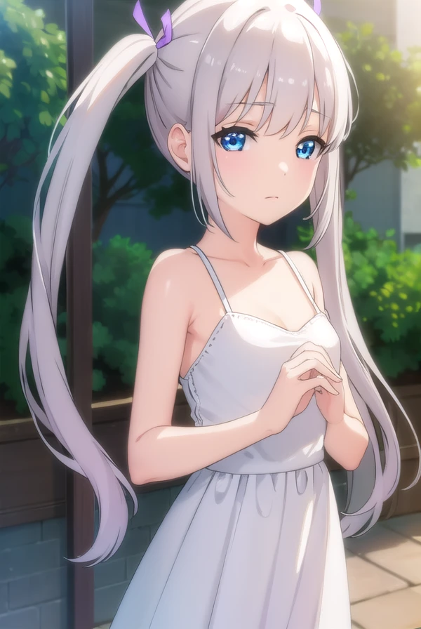 komakosemenovich, <lora:komako semenovich ova-lora-nochekaiser:1>,
komako semenovich, blue eyes, ribbon, twintails, hair ribbon, white hair,
BREAK dress, white dress,
BREAK outdoors,
BREAK looking at viewer, (cowboy shot:1.5),
BREAK <lyco:GoodHands-beta2:1>, (masterpiece:1.2), best quality, high resolution, unity 8k wallpaper, (illustration:0.8), (beautiful detailed eyes:1.6), extremely detailed face, perfect lighting, extremely detailed CG, (perfect hands, perfect anatomy),
