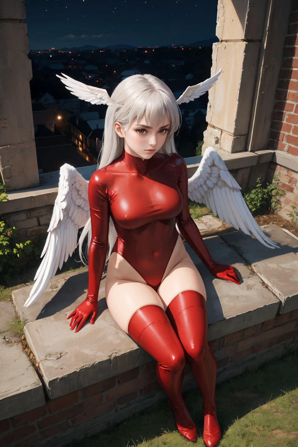 masterpiece, best quality, <lora:fftultima-nvwls-v1-000009:0.9> fftultima, head wings, long hair, angel wings, red leotard, long sleeves, red gloves, red thighhighs, wide shot, sitting, from above, on ground, ruins, abstract background, night