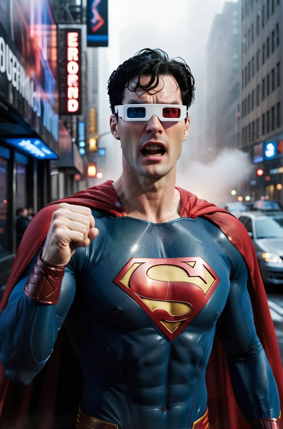 a candid photograph of: 3dglasses, superman, superman uniform, billowing cape, hand up, fist, foreshortening, flying through air, NYC is foggy below him,  masterpiece, absurdres, 8k, 16k, highly detailed, shot on a RED digital cinematic camera, Sigma 85mm f/1.4, pores, highly detailed skin, goosebumps, highly detailed hair, fine fabric thread detail, shot lit and composed by Tim Walker,<lora:3DGlasses:1>