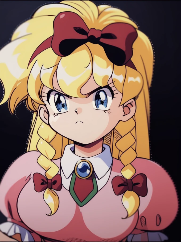 <lora:Maria_Renard:1>MariaRenard, 1girl, solo, blonde hair, blue eyes, green background, braid, clenched hand, bow, hair bow, red bow, long hair, brooch, jewelry, retro artstyle, twin braids, hairband, simple background, bangs, puffy sleeves, closed mouth, hand up, red hairband, puffy short sleeves, short sleeves, shirt, upper body, dress, looking at viewer, collared shirt, serious, pink dress, Europe,
masterpiece, high quality, very_high_resolution, large_filesize, full color,ã1990s \(style\), anime, anime_screencap, animated gif, mp4 ,video, animated,