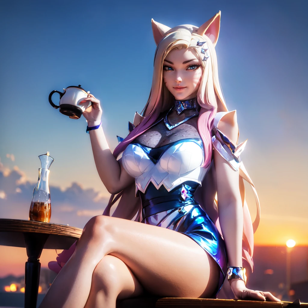 ((a woman sitting in a cafe drinking tea, full body, sunset in background)), high detail skin, high detail eyes, high detail hair, highres, ultra detailed:1.2, detailed pores, imperfect skin:1.2, detailed reflective shiny skin, diffused skin pores, sharpen picture, Highly detailed,masterpiece, best quality,     <lora:KDA_Ahriv2LoRA:1> kdaahri with blonde long hair, cat ears and crystal like tail wearing kdaoutfit,