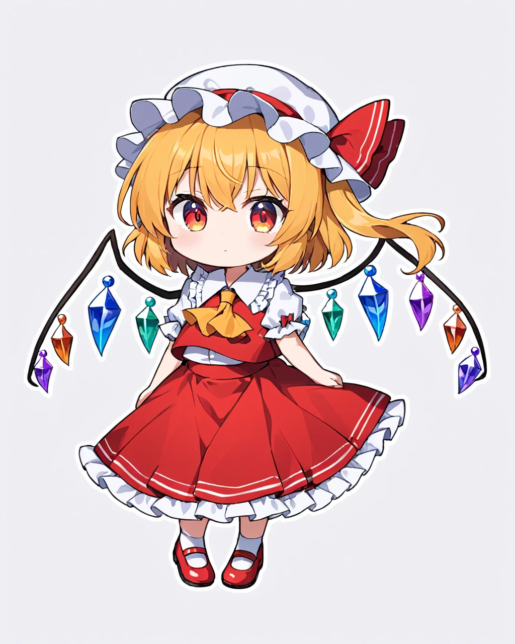 flandre scarlet,1girl, mob_cap, wings, solo, red_vest, laevatein_\(touhou\), white_shirt, red_skirt, red_ribbon, hat_ribbon, puffy_short_sleeves, chibi, white_background, yellow_ascot, white_headwear, crystal, frilled_sleeves, one_side_up, frilled_shirt_collar, simple_background, red_footwear, skirt_set, frilled_skirt, collared_shirt, full_body, mary_janes, bow
<lora:flandre_scarlet_image12338_2023-12-11-000005:1>,star-shaped_pupils,symbol-shaped_pupils,. gorgeous,key visual, vibrant, studio anime,award-winning, professional, highly detailed,high budget, cinemascope