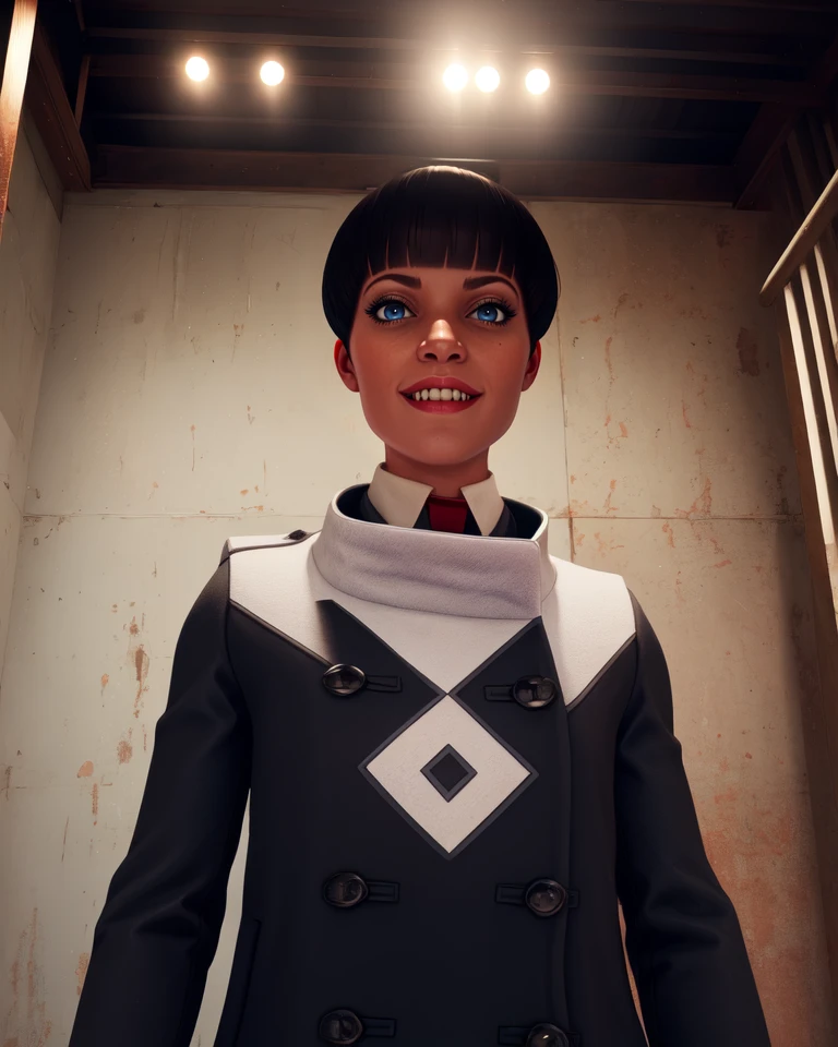 Harriet,blue eyes,black hair,very short hair,blunt bangs,
long sleeves,coat,evil grin,
standing,upper body,looking at viewer,from below,
stage,black and white walls,
(insanely detailed, beautiful detailed face, masterpiece, best quality) solo,<lora:Harriet:0.8>,