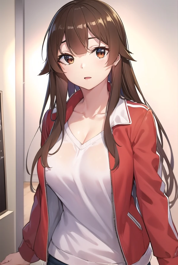 hashiraharumachi, <lora:hashira harumachi manga-lora-nochekaiser:1>,
hashira harumachi, long hair, bangs, brown hair, (brown eyes:1.5),
BREAK shirt, cleavage, collarbone, jacket, white shirt, short sleeves, red jacket, jacket on shoulders,
BREAK indoors, classroom,
BREAK looking at viewer, (cowboy shot:1.5),
BREAK <lyco:GoodHands-beta2:1>, (masterpiece:1.2), best quality, high resolution, unity 8k wallpaper, (illustration:0.8), (beautiful detailed eyes:1.6), extremely detailed face, perfect lighting, extremely detailed CG, (perfect hands, perfect anatomy),