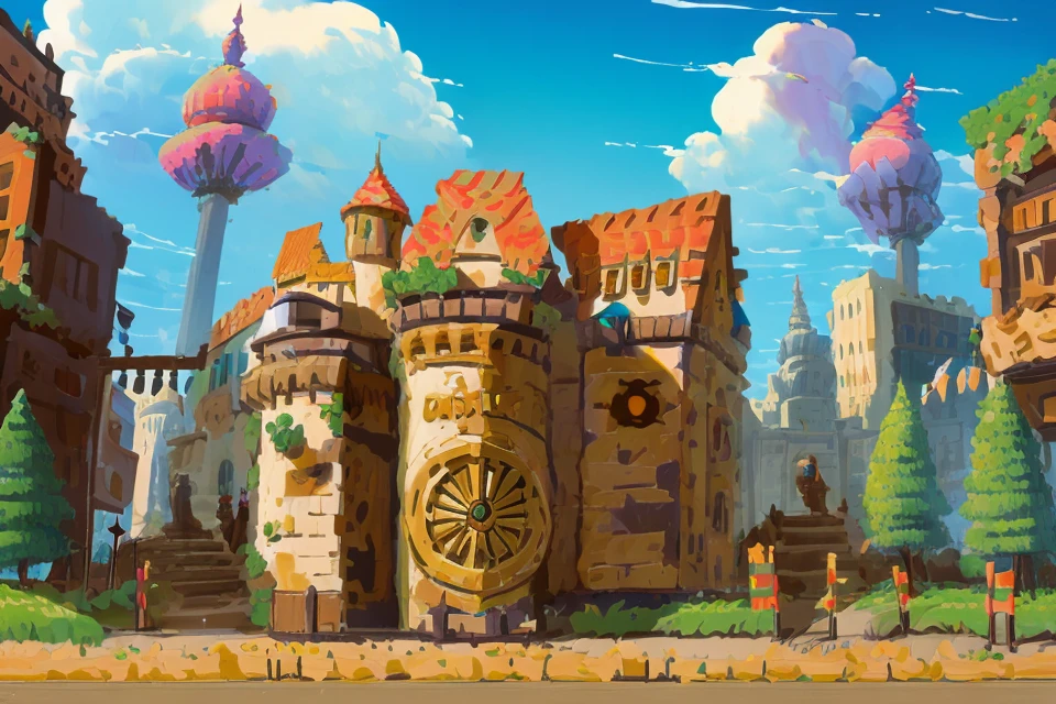 illustration,scenery,ground vehicle,building,motor vehicle,city,bridge,car,architecture,road,tree,house,outdoors,lamppost,sky,stairs,castle,cityscape,<lora:好åç±³-building-000014:1>,