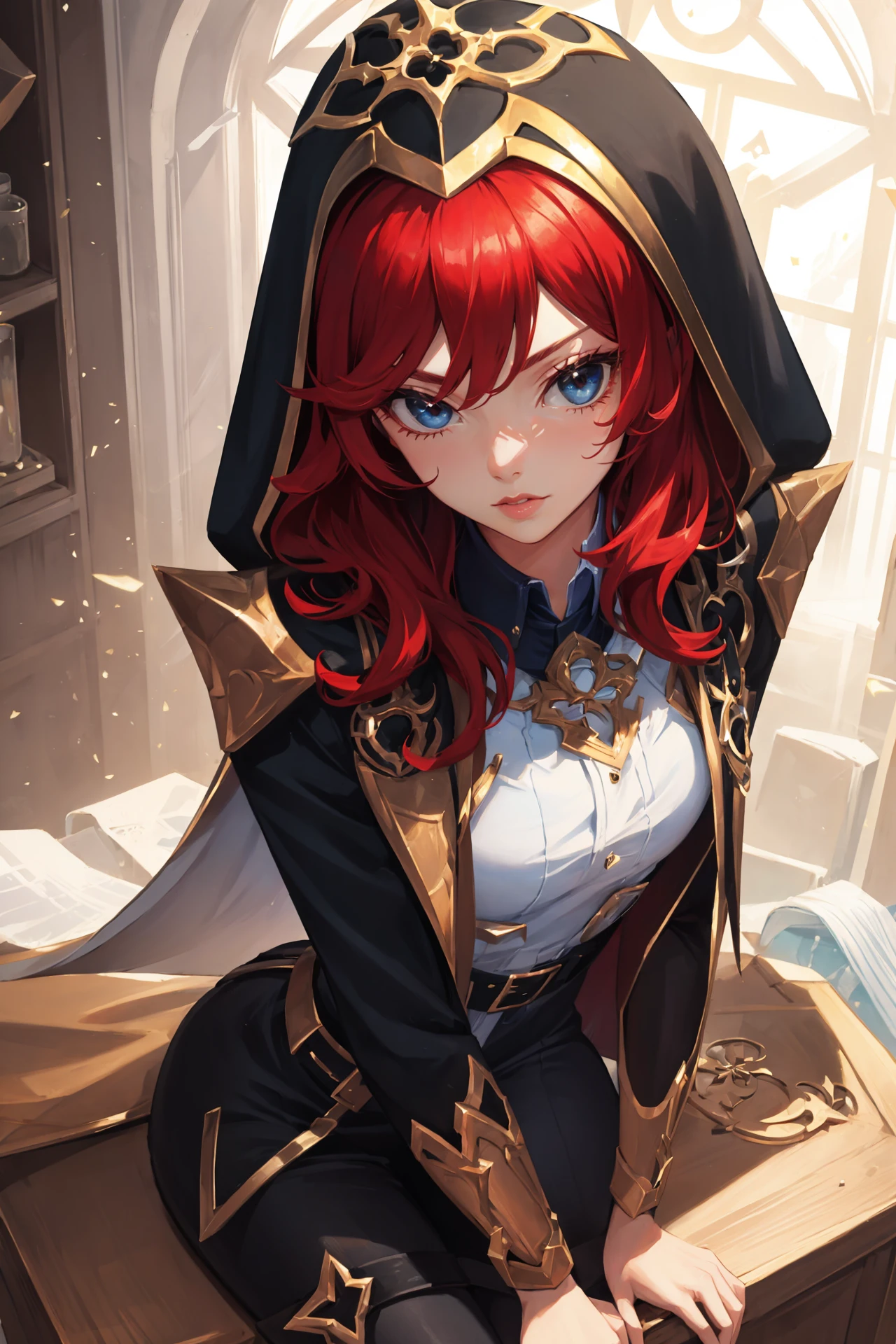 (masterpiece, best quality:1.2), intricate details, <lora:GoodHands-beta2:1>, <lora:broken_covenant_miss_fortuneV1.2-000010:1>, bcmf, 1girl, jacket, red hair, black coif