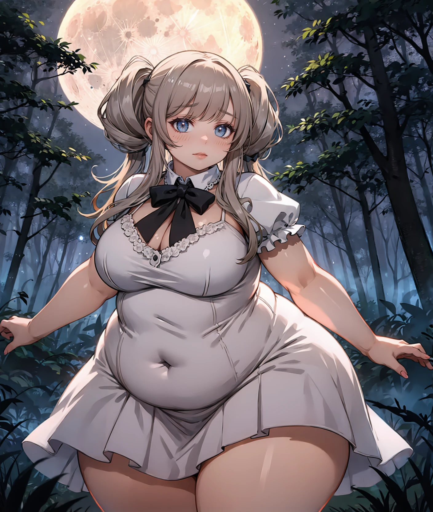 <lora:symodel-3-0-a3-lyco-extract:1>
masterpiece, volumetric lighting, (art by KipTeiTei:0.6), (art by Sizemologist:0.5), (HW Hansen art style:1.2),
solo, 1girl,
(plump), dress, bowtie, twintails, night, moon, forest, cowboy shot, wide hips, (hourglass figure)