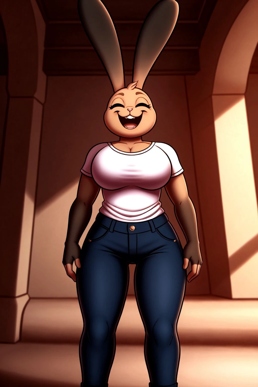 ((masterpiece, uploaded on e621)), best quality, 1girl, solo, (bunny, close eyes) standing, face focus, clothes, pants, (detailed background, 4k, 2k, cinematic), giant breasts, smile face, full laugh, little cry laugh,   <lora:cherry_popperV1:0.7>