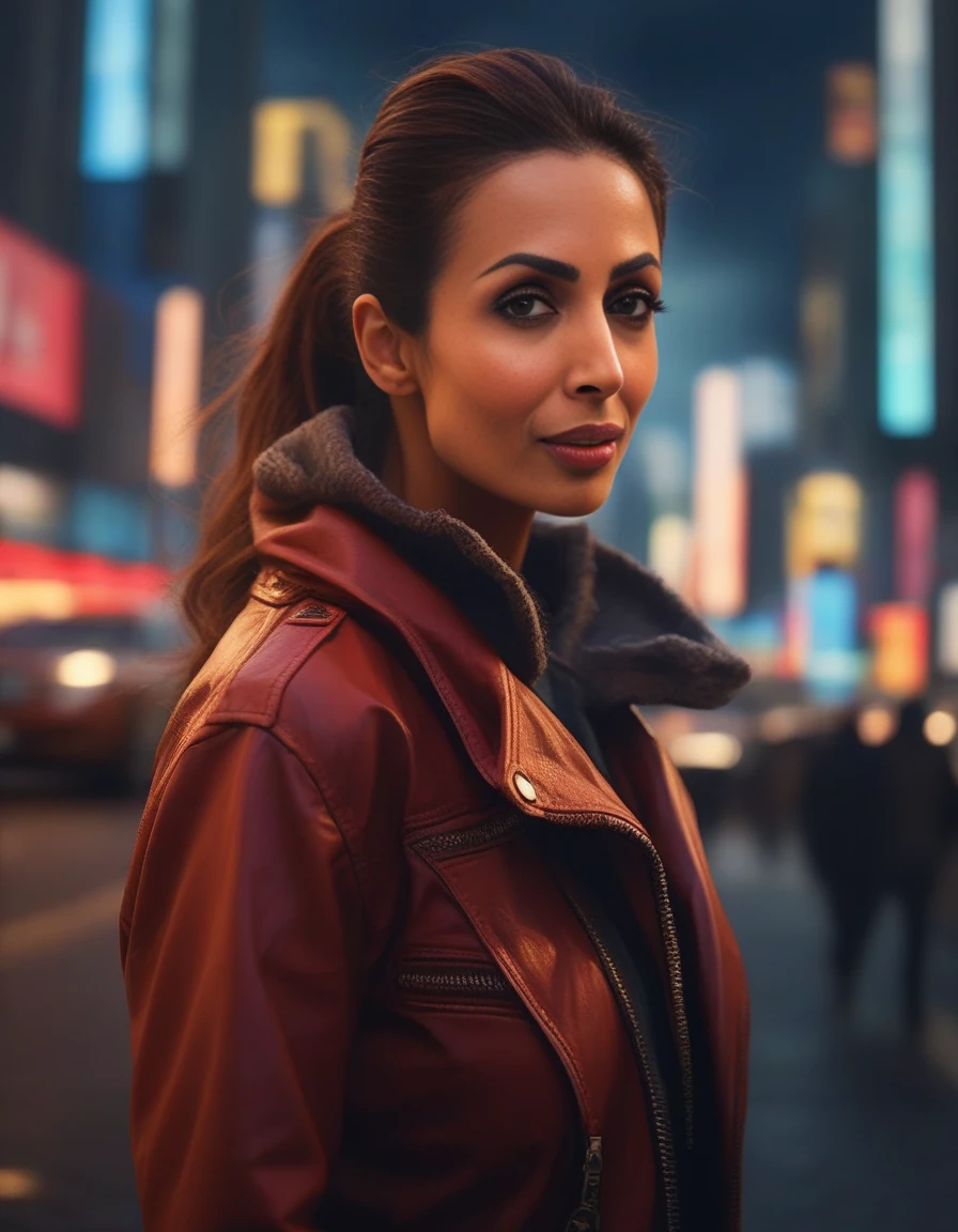 MalaikaArora,<lora:MalaikaAroraSDXL:1>female, realistic photo, portrait shinkai makoto studio ghibli Studio key hideaki anno sustin Teng fanart behance hd by Jesper Ejsing and RHADS trending on artstation. Oil painting of a cute female fox girl with dark red hair wearing leather jacket overcoat in the cityscape at night backlit fur armor national geographic photograph dramatic lighting fantasy cyberpunk style soft vibrant colours matte paint detailed pastel from below award winning photography ultra high quality 8k 4D octane render neon highlights sharp focus depth field cinematic atmospheric lightning stars clouds skybox lens flare nikon D&R bokeh