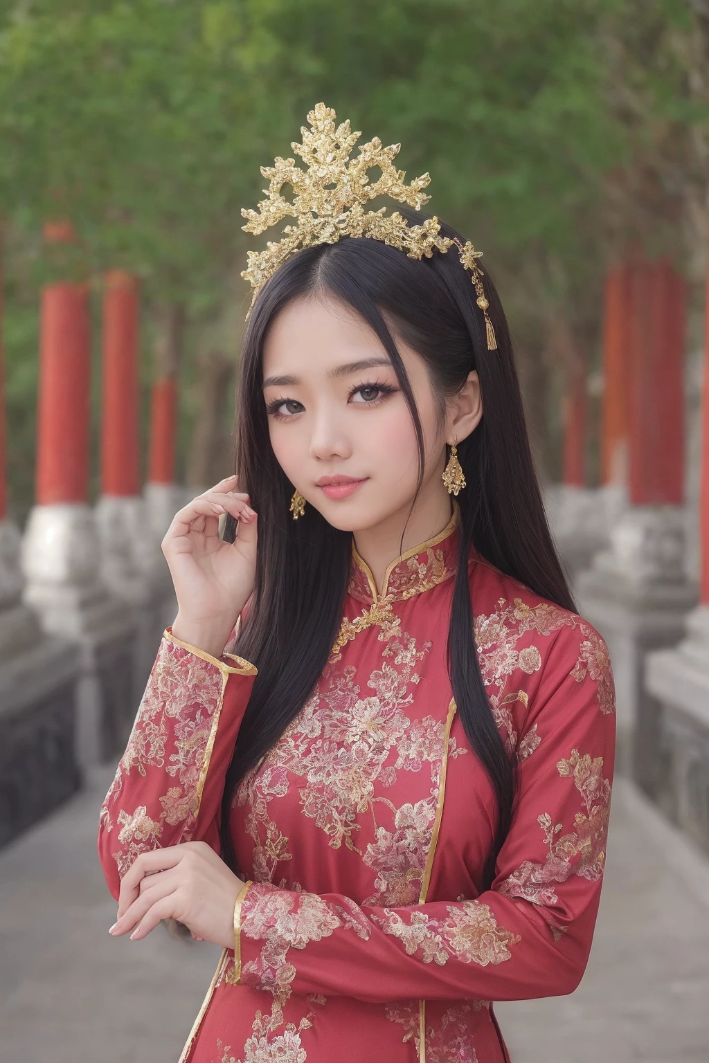 1girl,masterpiece,best quality,ao dai,head ornament,shiny oild skin,deep slit dress,long sleeve,outdoor,upper body,queen,Vietnam palace,temple,
<lora:Ao_dai_dong_Lao:0.4> <lora:erika:0.3>