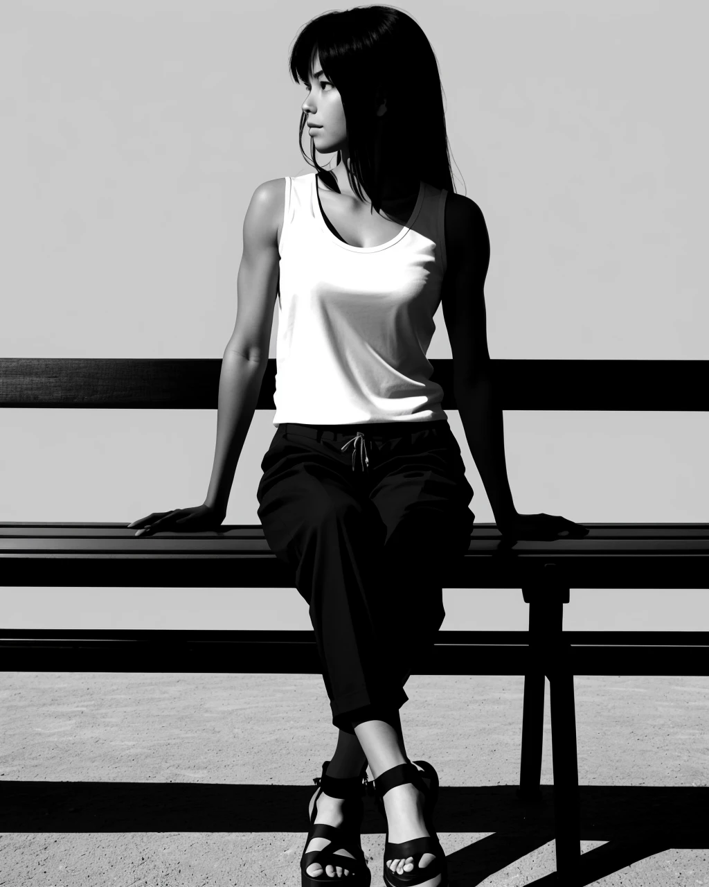 best quality,masterpiece,highly detailed,ultra-detailed, 1girl,
A-shirt: Also known as a "muscle shirt", this is a very simple sleeveless top that is usually tight fitting and emphasises the muscles of the chest and shoulders. Chinos , Lightweight cotton pants suitable for casual occasions. (ankle Cross:1.3),Crossing legs with the ankle of one foot resting on the opposite knee, creating a figure "4, " at park bench,
<lora:silhouette_last:2.5> silhouette art