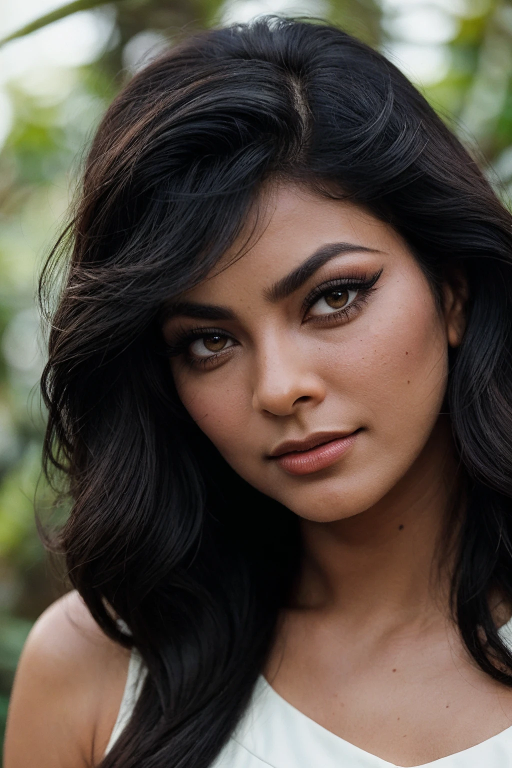 photo of (EPK1m1K4tk4r:0.99), closeup portrait, perfect hair, (modern photo, Peplum top), 24mm, (analog, cinematic, film grain:1.3), ((sporting event and rainforest , gradient:1.1)), ((detailed eyes)), ((eyeliner, long lashes)), (epicPhoto), long eyelashes,