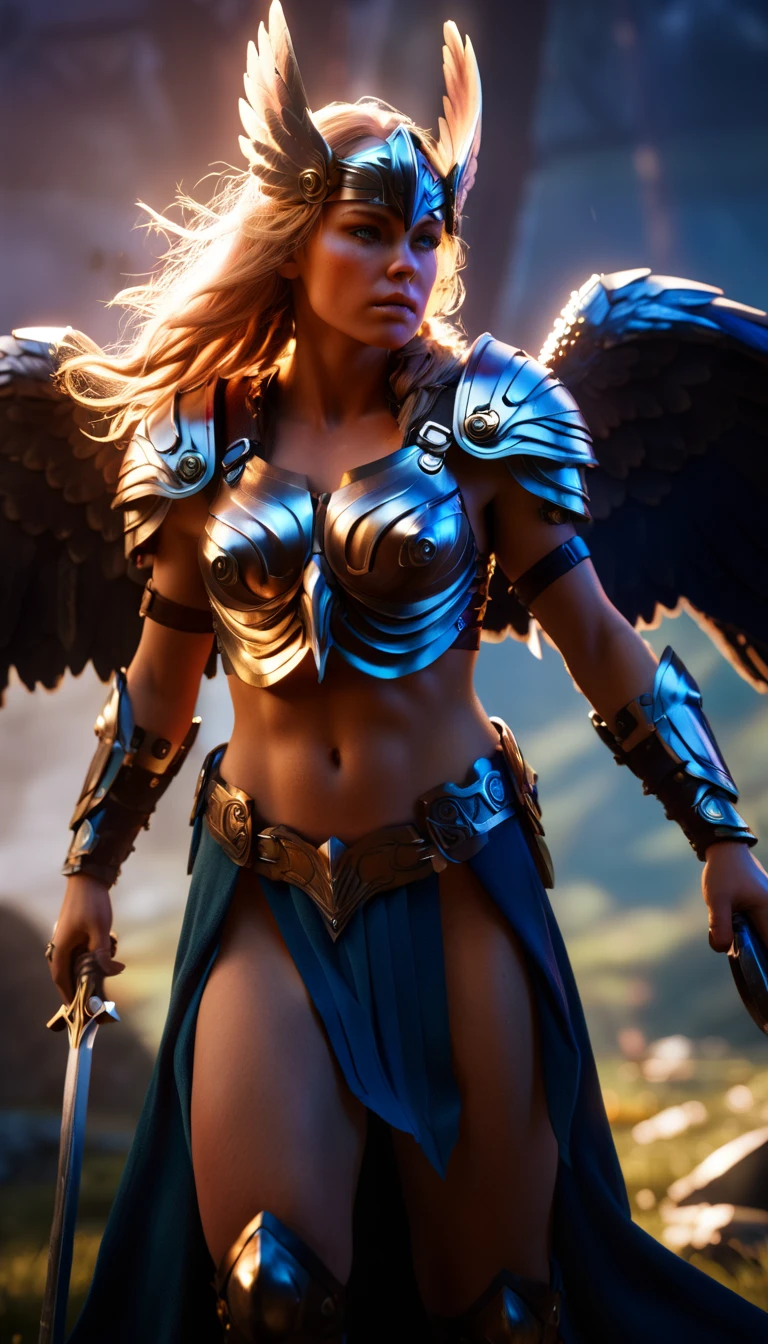 Valkyrie, vivid, epic, cinematic scene, scenery, detailed background, masterpiece, best quality, high quality, absurdres <lora:valkyrie_xl_v1:1>, detailed skin texture, (blush:0.5), (goosebumps:0.5), subsurface scattering