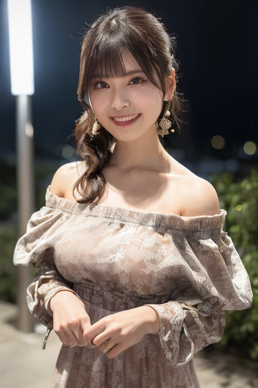 1girl, (wearing an off-the-shoulder dress:1.8),(RAW photo, best quality), (realistic, photo-realistic:1.4), masterpiece, an extremely delicate and beautiful, extremely detailed, 2k wallpaper, Amazing, finely detail, extremely detailed CG unity 8k wallpaper, ultra-detailed, highres, soft light, beautiful detailed girl, extremely detailed eyes and face, beautiful detailed nose, beautiful detailed eyes,cinematic lighting,(in the city at night:2.0),(night city view:2.0),perfect anatomy,(slender body:2.0),(smiling:1.4),(upper body:2.0),(eyes wide:1.4),(looking at viewer:1.6),(front view:1.0),(japanese idol:1.8),cinematic angle,(smooth long hair), (brown eyes:1.8),(standing:2.0), (cleavage:1.4), <lora:aikawaharuka_lora-01:0.8>