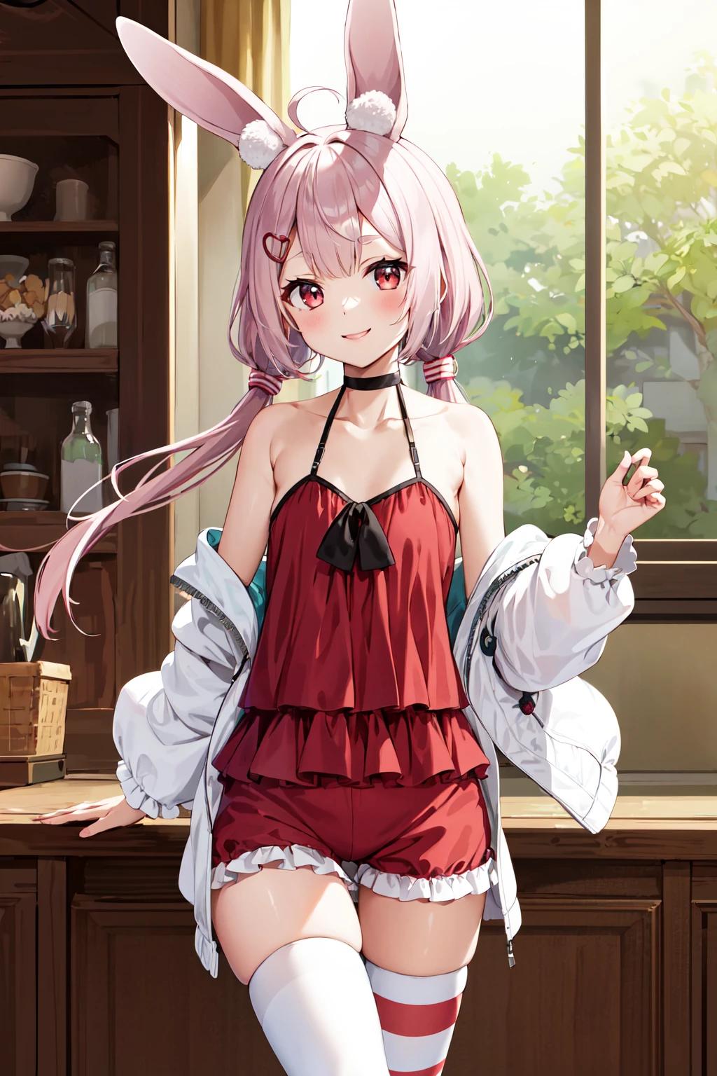 ​masterpiece, top-quality, hight resolution, 1girl in, split-colored hair, Hair above one eye, red hairs, O cabelo multicolorido, length hair, a purple eye, hair rings, robe blanche, headphones, White hair, a black ribbon, bangss, Sleeveless, Medium chest, feet pose, A smile, tusk, Dome Stage、