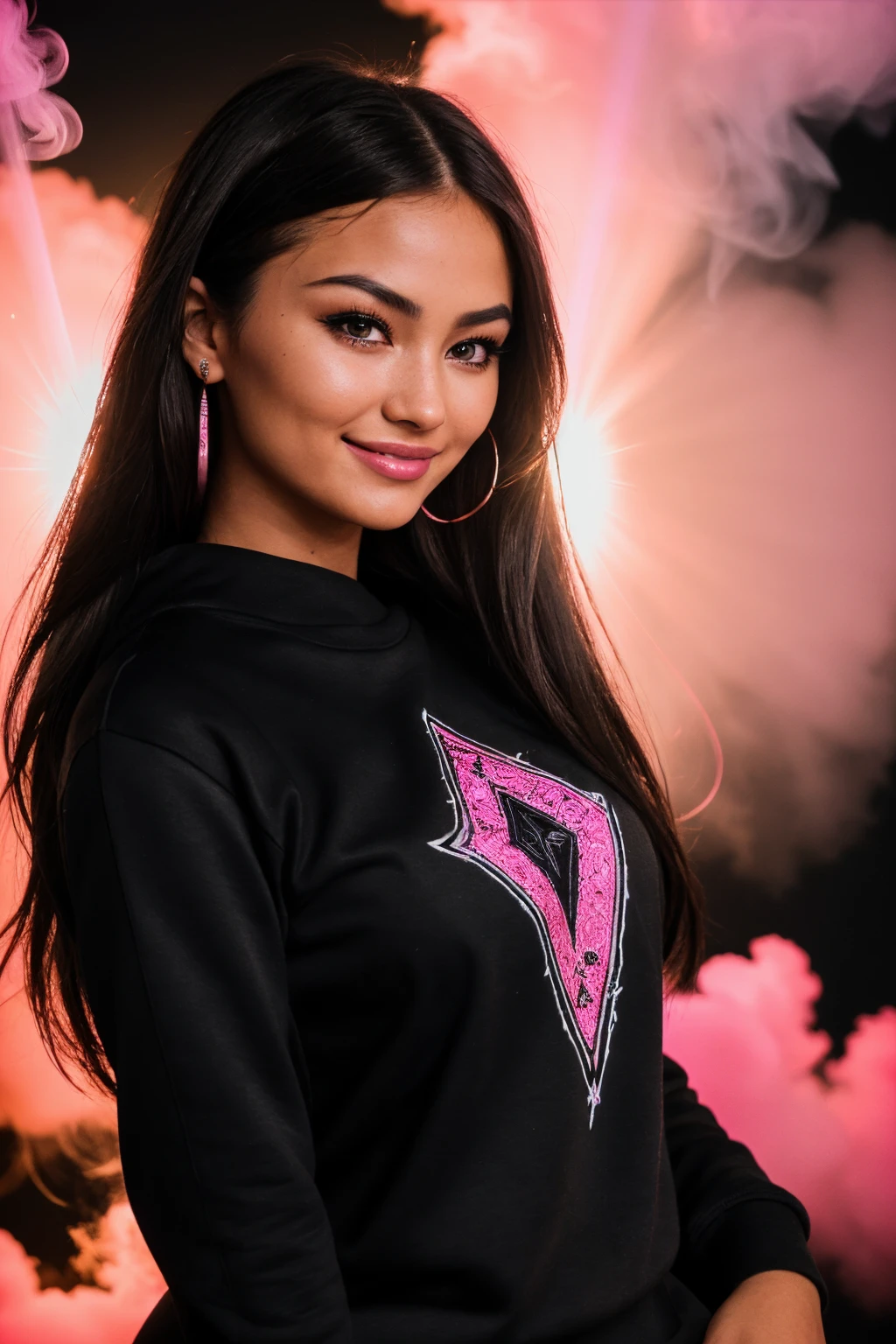 DV_Victoria_Vicious ((Black Theme, Black backdrop:1.4)) (Close-Up Shot, headshot:1.4) (Brunette hair :1.4)wearing (Black sweatshirt :1.4) 35mm, F/2.8 ((Photo Focus, DOF, Aperture, insanely detailed and intricate, character, hypermaximalist, elegant, ornate, beautiful, exotic, revealing, appealing, attractive, amative, hyper realistic, super detailed, heresy flares)) (smiling at viewer:1.3)(volumetric pink smoke:1.3) (pink lens flare:1.2)(sharpness:1.3)(details:1.3)