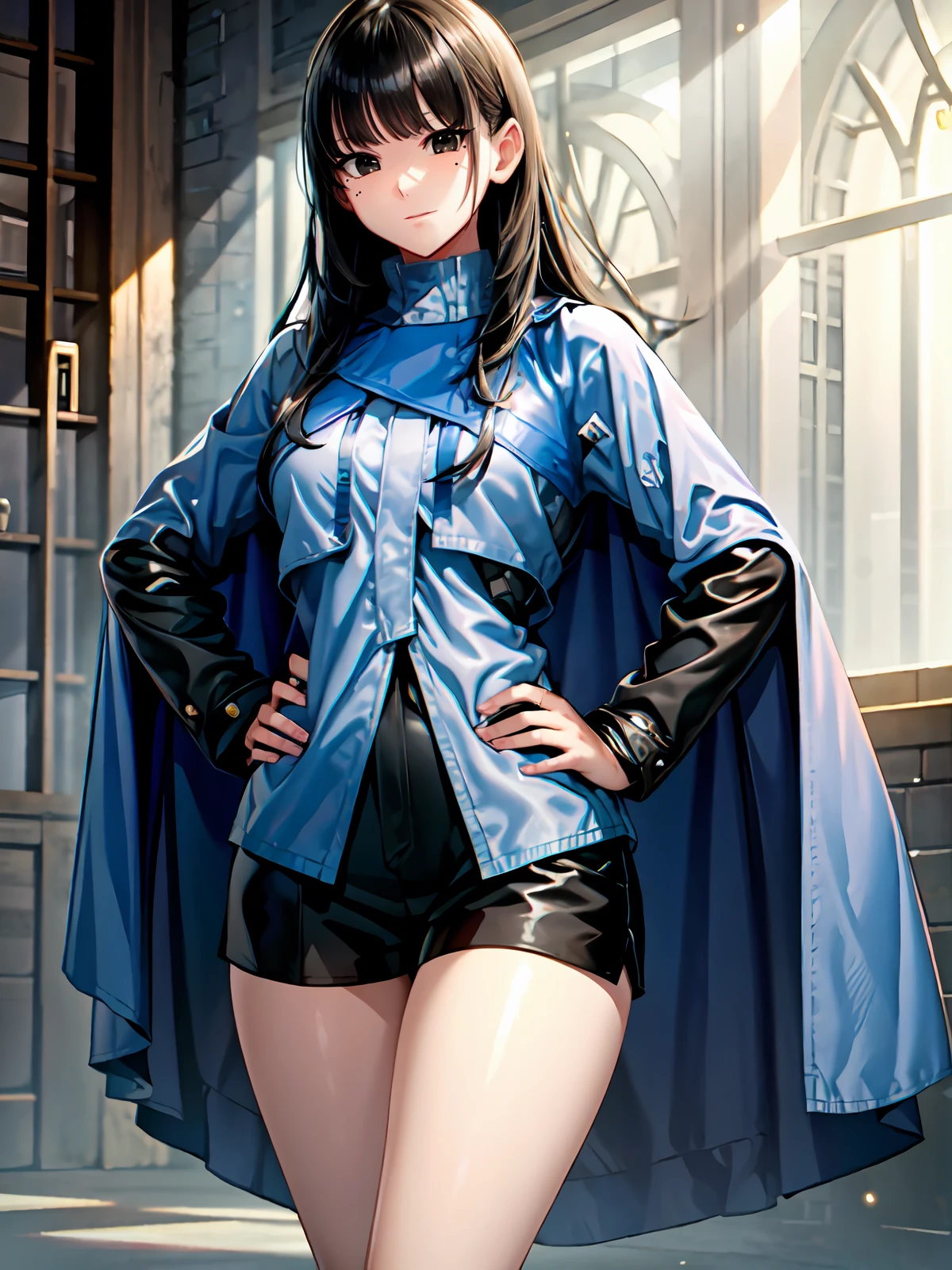 (extremely detailed CG), (best quality), perfect face, shiny skin, lustrous skin, solo narrow waist, wide hips  <lora:RinnieKudo-10:0.7>rinniekudo, long hair, bangs, black hair, long sleeves, jewelry, jacket, black skirt, cape, ring, shorts, black shorts, blunt bangs, boots,indoors, smile,black eyes,hands on hips,