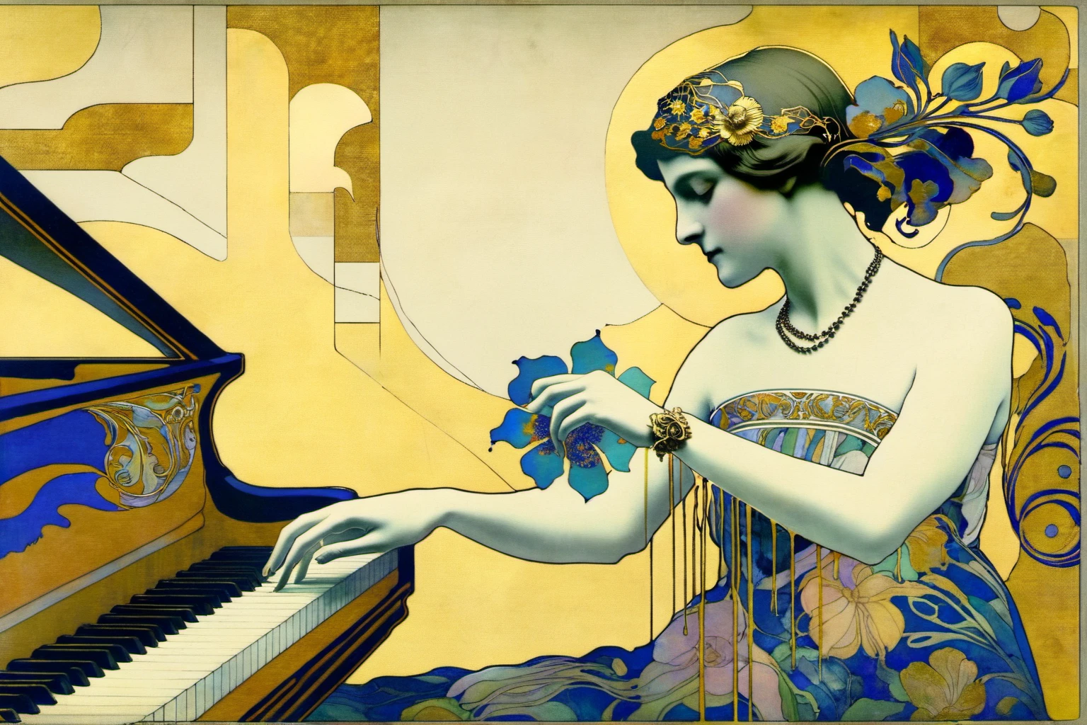 MoDernart, Double Exposure: art nouveau painting of a woman, playing a piano looking like a colorful patterned dress holding a blue flower, with abstract decorative elements and gold leaf detailing, high-resolution scan of a painting, space backdrop