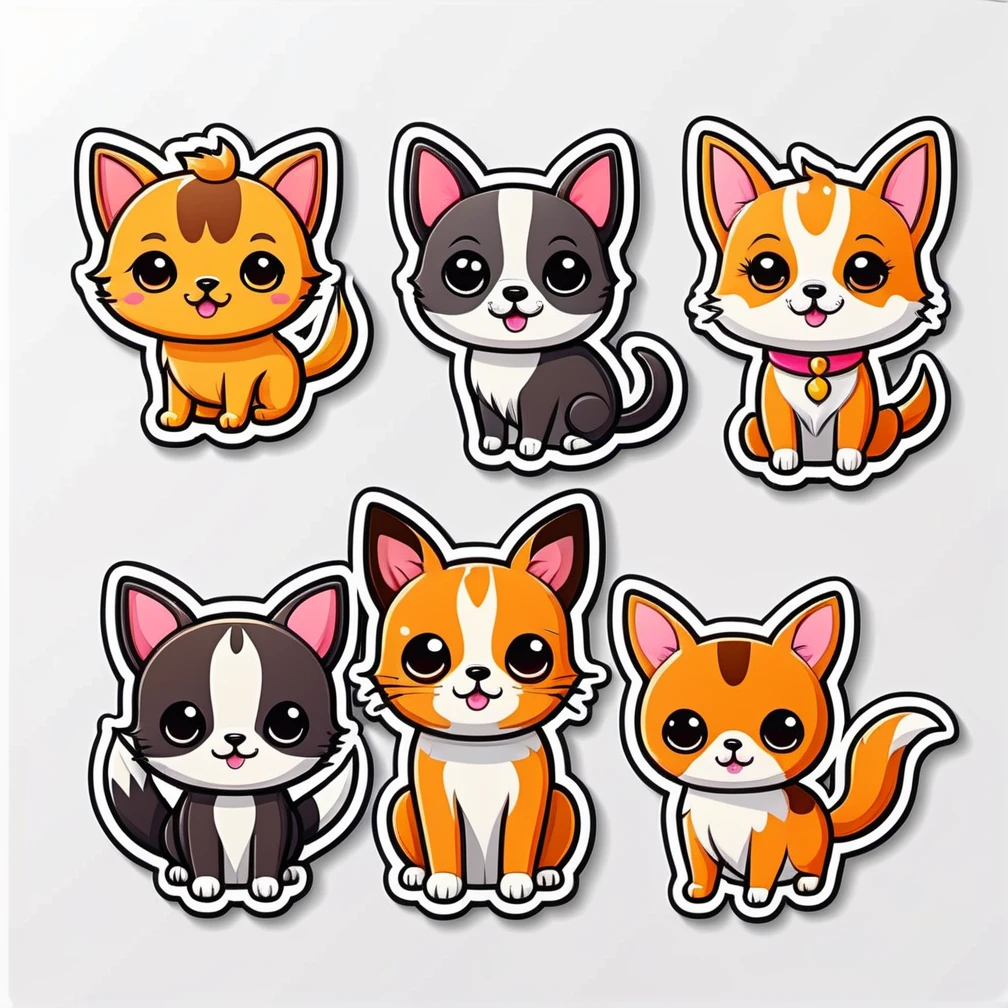 sticker cartoon cute pets, white background, style kawaii, vectorized, 45 degrees view