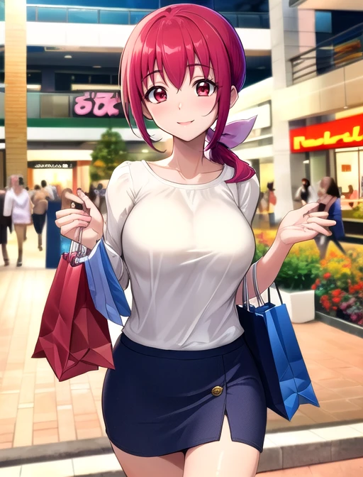 best quality, masterpiece, highres, detailed, digital artwork, <lora:Tools - add_detail:0.2>, IkuyoHoshi, red hair, pink ribbon, low ponytail, red eyes, white shirt, blue skirt, mature woman,  <lora:Character - IkuyoHoshi:0.8>, mall, shopping, yellow bag, happy,