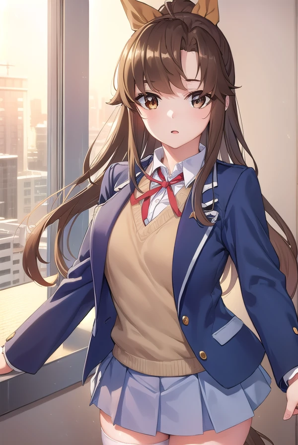 hiyorinatsuno, <lora:hiyori natsuno manga-lora-nochekaiser:1>,
hiyori natsuno, long hair, bangs, brown hair, ribbon, (brown eyes:1.5), hair ribbon, ponytail, red ribbon,
BREAK skirt, shirt, thighhighs, bow, school uniform, jacket, white shirt, neck ribbon, blue jacket,
BREAK indoors, classroom,
BREAK looking at viewer, (cowboy shot:1.5),
BREAK <lyco:GoodHands-beta2:1>, (masterpiece:1.2), best quality, high resolution, unity 8k wallpaper, (illustration:0.8), (beautiful detailed eyes:1.6), extremely detailed face, perfect lighting, extremely detailed CG, (perfect hands, perfect anatomy),