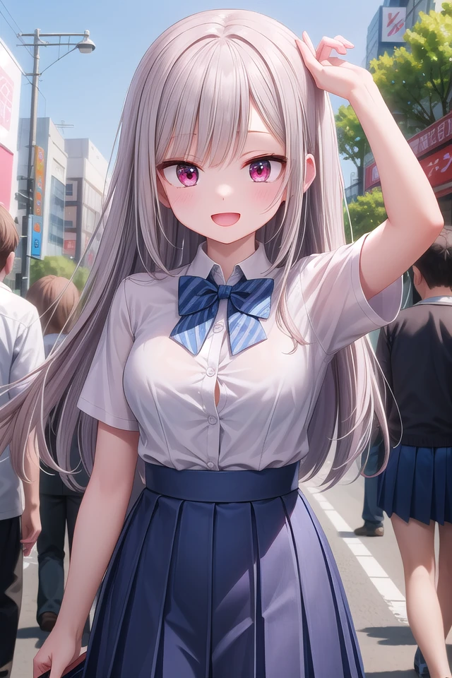 insanely detailed, absurdres, ultra-highres, ultra-detailed, best quality,
1girl, solo, nice hands, perfect hands
BREAK
summer school uniform with indigo blue bowtie, (short sleeves, dark blue skirt, pleated skirt:1.3), (indigo blue:1.3) bowtie, (white shirt:1.3), shirt with white button, (skirt with many pleats:1.4), plain shirt, plain skirt, (striped bowtie:1.3), shirt_tucked_in ,
BREAK
happy smile, laugh, open mouth, standing,
(45 angle:-1.5), (from side:-1.5),
cute pose, cowboy shot,
BREAK
slender, kawaii, perfect symmetrical face, ultra cute girl, ultra cute face, ultra detailed eyes, ultra detailed hair, ultra cute, ultra beautiful,
BREAK
in harajuku, shibuya, tokyo, street, crowd, cityscape,
BREAK
medium large breasts,
(grey hair, red eyes),