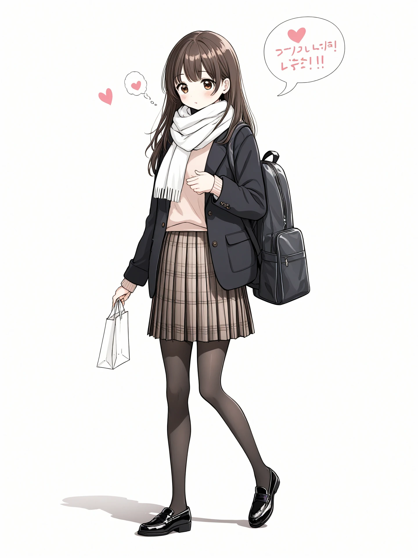 1girl, solo, white scarf, skirt, scarf, cardigan, valentine, jacket, school uniform, enpera, open clothes, gift, incoming gift, white background, blush, open jacket, long hair, shoes, pleated skirt, holding, bangs, black jacket, bag, standing, looking away, simple background, long sleeves, black skirt, scarf over mouth, brown cardigan, holding gift, sleeves past wrists, black footwear, plaid, blazer, loafers, brown hair, brown eyes, breath, gift box, plaid skirt, black hair, backpack, speech bubble, sidelocks, miniskirt, blurry, black eyes, pantyhose