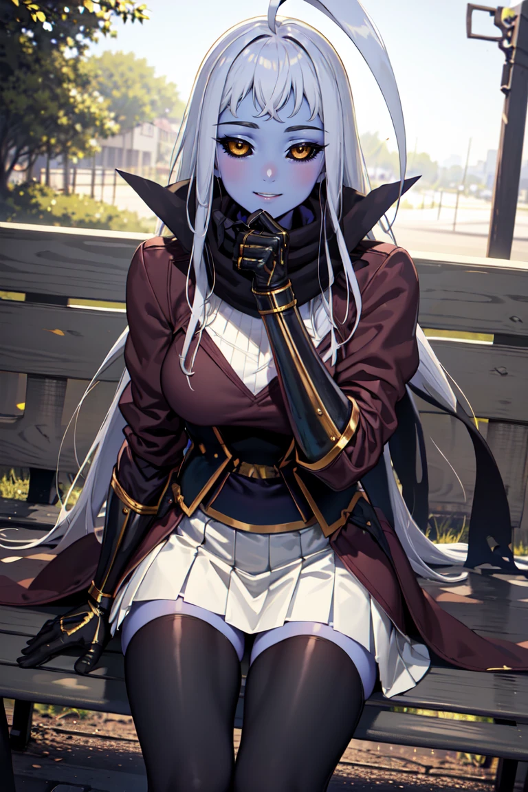 masterpiece, best quality, absurdres, LalaBase, black sclera, colored skin, huge ahoge, scarf, black coat, armored waist, white skirt, black gauntlets, black thighhighs, outdoors, sitting, bench, smile, <lora:LalaMM:1>