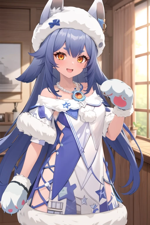 fenlier3,<lora:fenlier3_unet_7-000016:0.8>,1girl,solo,blue hair,long hair,orange eyes,paw gloves,fur-trimmed dress,fur hat,animal ears,short eyebrows,necklace,looking at viewer,standing,straight-on,:d,indoor,close-up,medium breasts,, masterpiece, best quality,