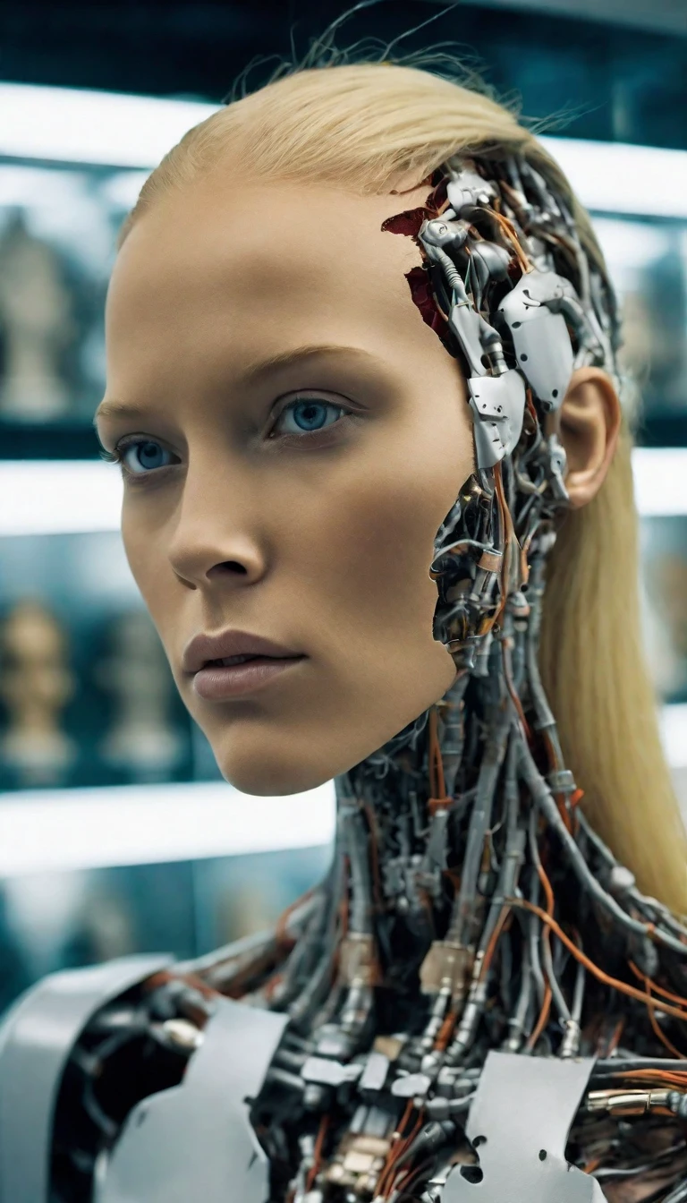 candid photo of a swedish tanned (damaged female bio-mechanical-cyborg with her face torn open standing in a display case in a futuristic store:1.2), long blonde hair, realistic skin, (skin ripped off face robot parts embedded in her skin, bionic eye under torn skin:1.2), (cracked skin, skin ripped open), (upperbody visible:1.5) Eerie, unsettling, epic, dark, grey background, promotional photoshoot, upcoming movie trailer, sharp focus, hd, photo by ingrid baars