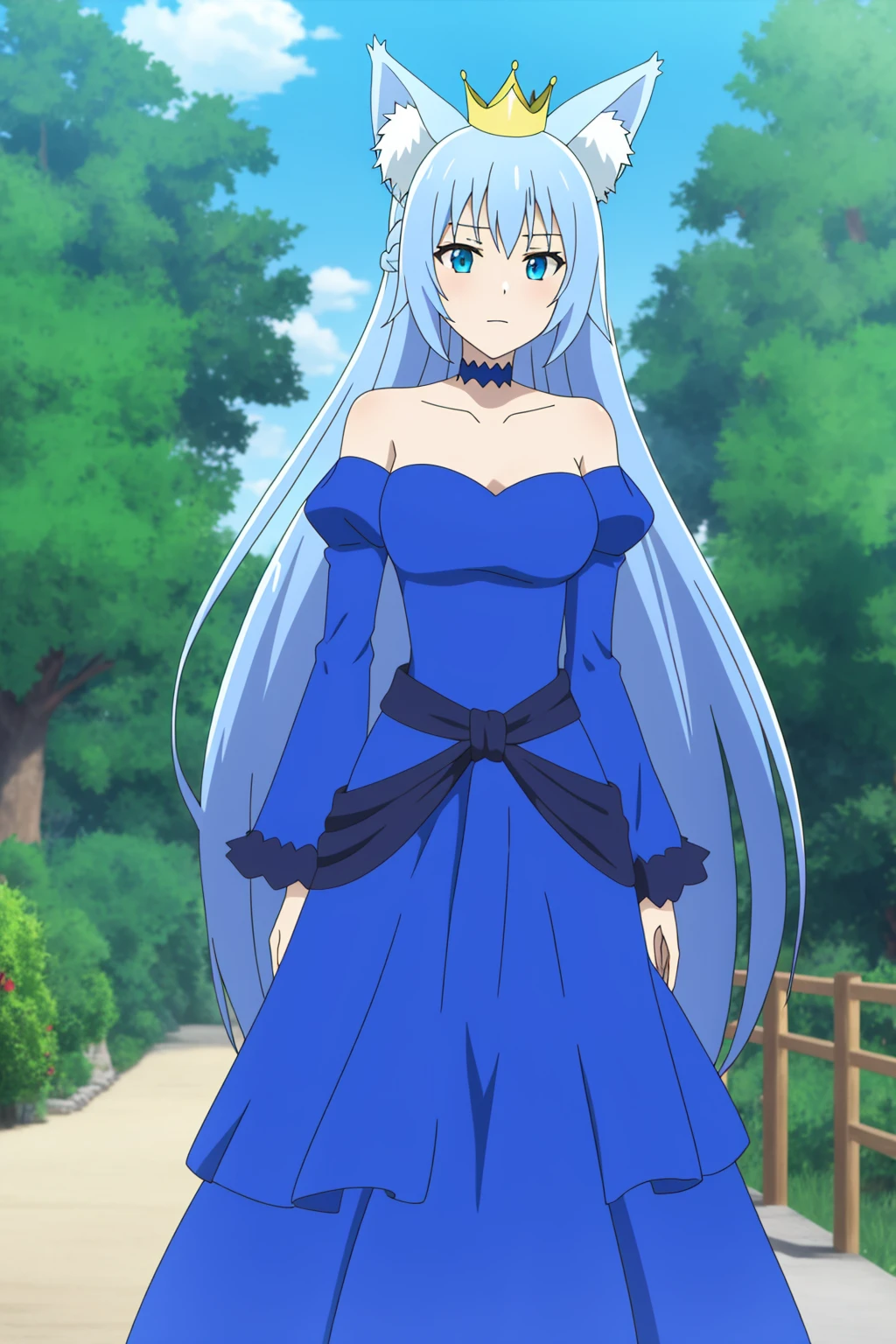 fairyqueen, 1girl, solo, long_hair, breasts, looking_at_viewer, closed_mouth, bangs, blue_eyes, long_sleeves, dress, animal_ears, medium_breasts, very_long_hair, blue_hair, standing, collarbone, outdoors, choker, day, puffy_sleeves, tree, animal_ear_fluff, fox_ears, blue_dress, crown, juliet_sleeves, long_dress, light_blue_hair, mini_crown, blue_choker