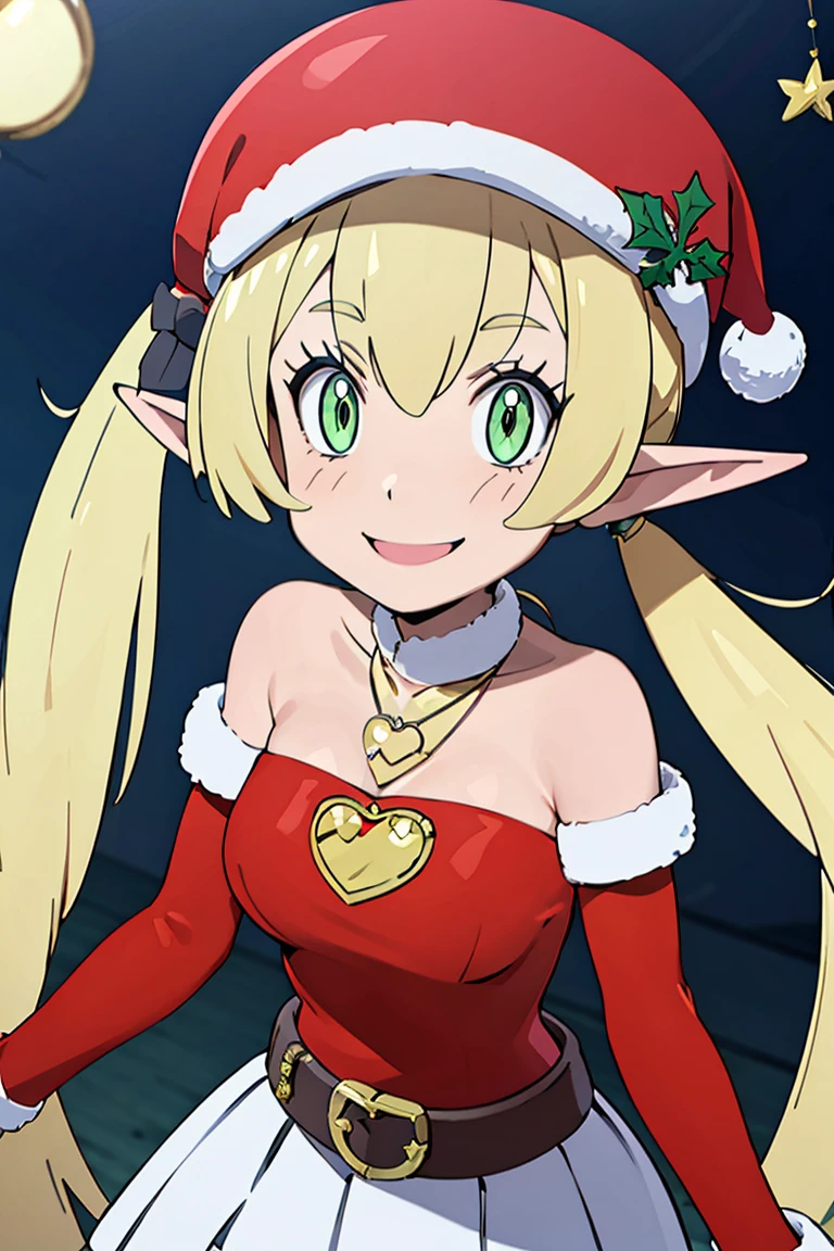 <lora:Alola_Style:0.65>,((masterpiece,best quality)), absurdres, <lora:Klee_Adult_Christmas:0.8>,  Klee_Adult_Christmas, pointy ears, green eyes, santa hat, mistletoe on hat, red shirt, bare shoulders, detached red sleeves, blonde, heart necklace, jewelry, twintails, white skirt, solo, smiling, looking at viewer, cowboy shot,