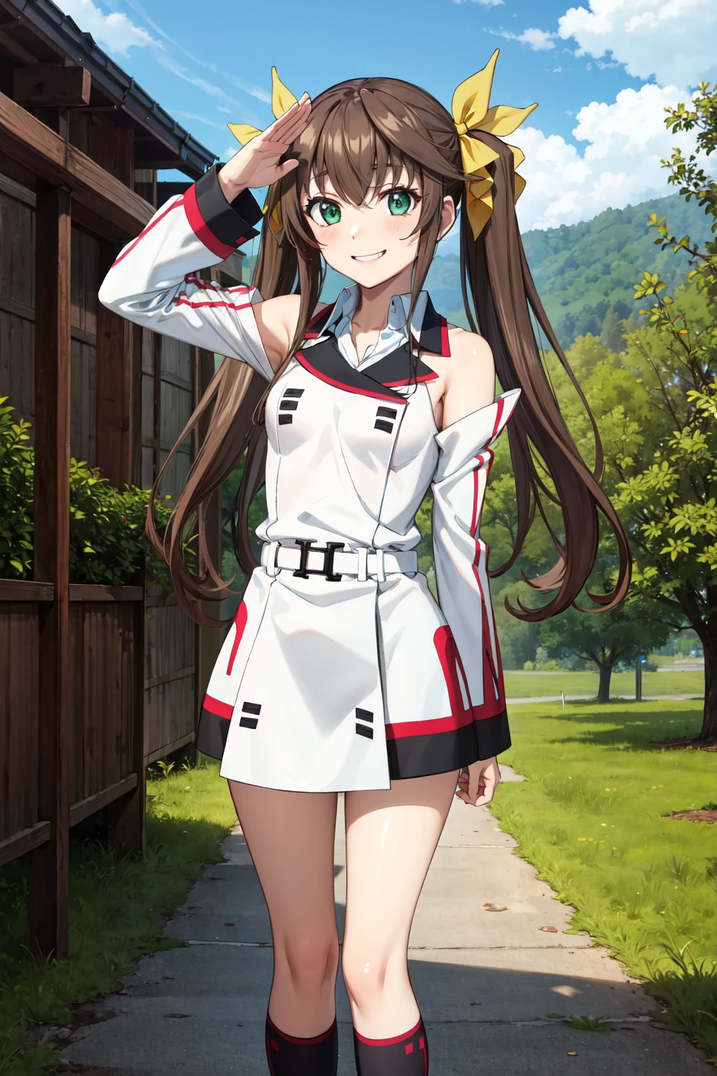 masterpiece,best quality,highres,ultra-detailed,aalingyin,long hair,twintails,hair ribbon,yellow ribbon,school uniform,shirt,white shirt,detached sleeves,bare shoulders,belt,skirt,white skirt,kneehighs,socks,(black socks:1.4),boots,lace-up boots,brown footwear,<lora:Huang_Lingyin:0.9>,outdoors,standing,cowboy shot,smile,salute,