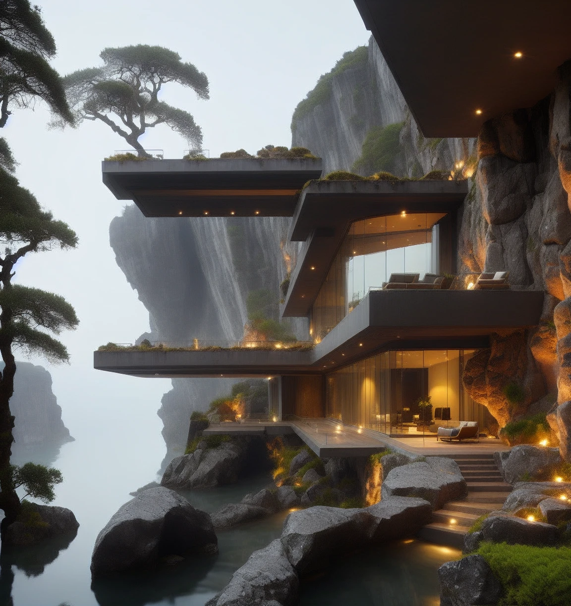 Hill architecture,no humans,scenery,water,tree,bridge,outdoors,rock,<lora:Justin_Hill architecture_V150:0.7>,