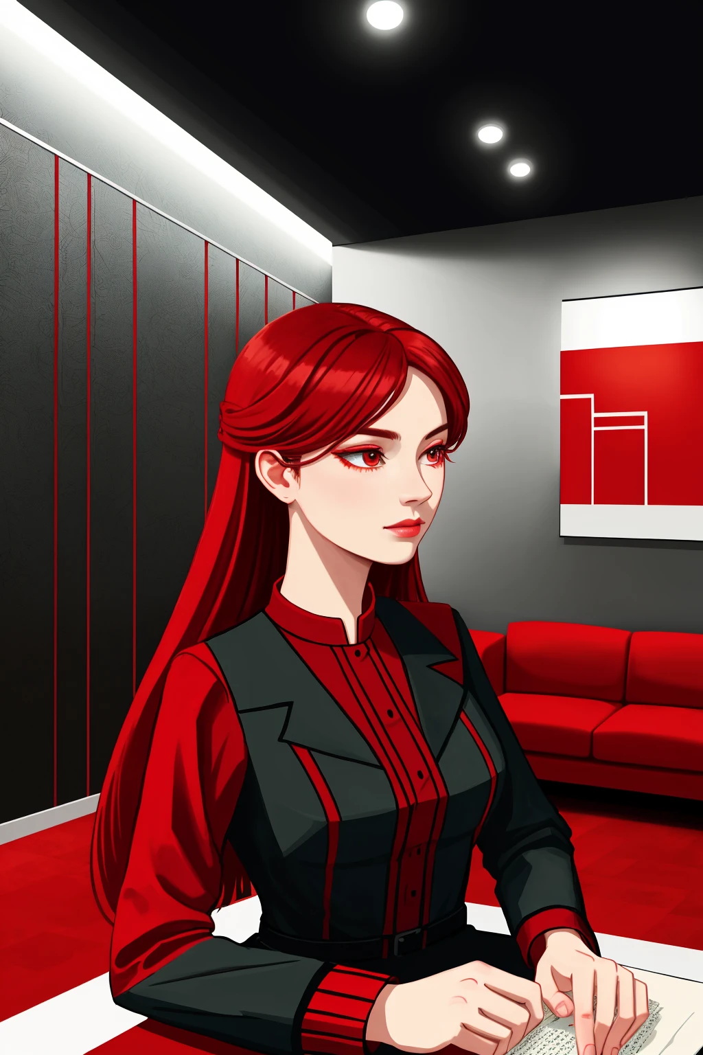 CS-RBW beautiful woman in a modern home, against a wall with wallpaper and furniture
(best quality illustration) (intricate details) (cinematic lighting) (sharp focus)