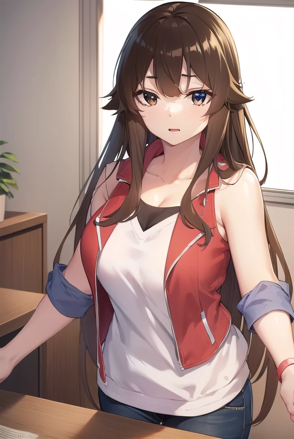 hashiraharumachi, <lora:hashira harumachi manga-lora-nochekaiser:1>,
hashira harumachi, long hair, bangs, brown hair, (brown eyes:1.5),
BREAK shirt, cleavage, collarbone, jacket, white shirt, short sleeves, red jacket, jacket on shoulders,
BREAK indoors, classroom,
BREAK looking at viewer, (cowboy shot:1.5),
BREAK <lyco:GoodHands-beta2:1>, (masterpiece:1.2), best quality, high resolution, unity 8k wallpaper, (illustration:0.8), (beautiful detailed eyes:1.6), extremely detailed face, perfect lighting, extremely detailed CG, (perfect hands, perfect anatomy),