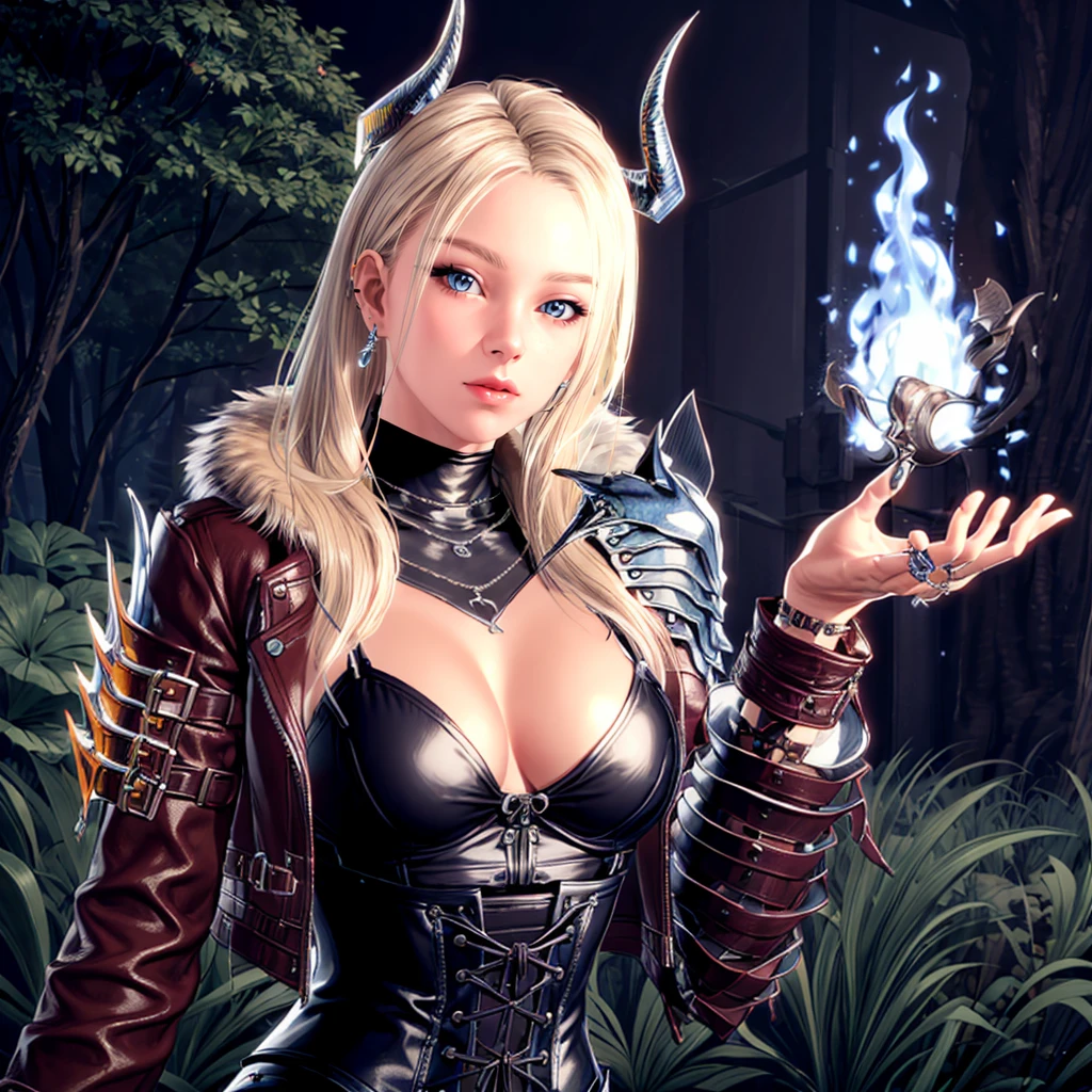 <lora:Arisha003:0.6>,<lora:add_detail:1>,<lora:boldline:-0.8>,<lora:noline:0.3>,
1girl,
blonde hair,(long_hair:1.3),blue eyes,devil's_horns,
necklace,jewelry,earrings,hair ornament,pendant,ring,
turtleneck,fur collar,leather jacket,shoulder armor,
leotard,corset,
fire,
blue fire,
nature,