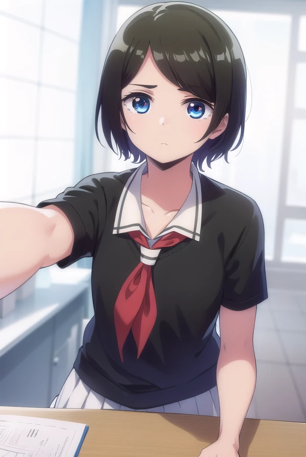 aitanahara, <lora:ai tanahara anime s1-lora-nochekaiser:1>,
ai tanahara, short hair, black hair, hair ornament, (brown eyes:1.3), hairclip, (swept bangs:1.5), (flat chest:1.2),
BREAK shirt, white shirt, collared shirt, neckerchief, red neckerchief, skirt, black skirt,
BREAK indoors, classroom,
BREAK looking at viewer,
BREAK <lyco:GoodHands-beta2:1>, (masterpiece:1.2), best quality, high resolution, unity 8k wallpaper, (illustration:0.8), (beautiful detailed eyes:1.6), extremely detailed face, perfect lighting, extremely detailed CG, (perfect hands, perfect anatomy),