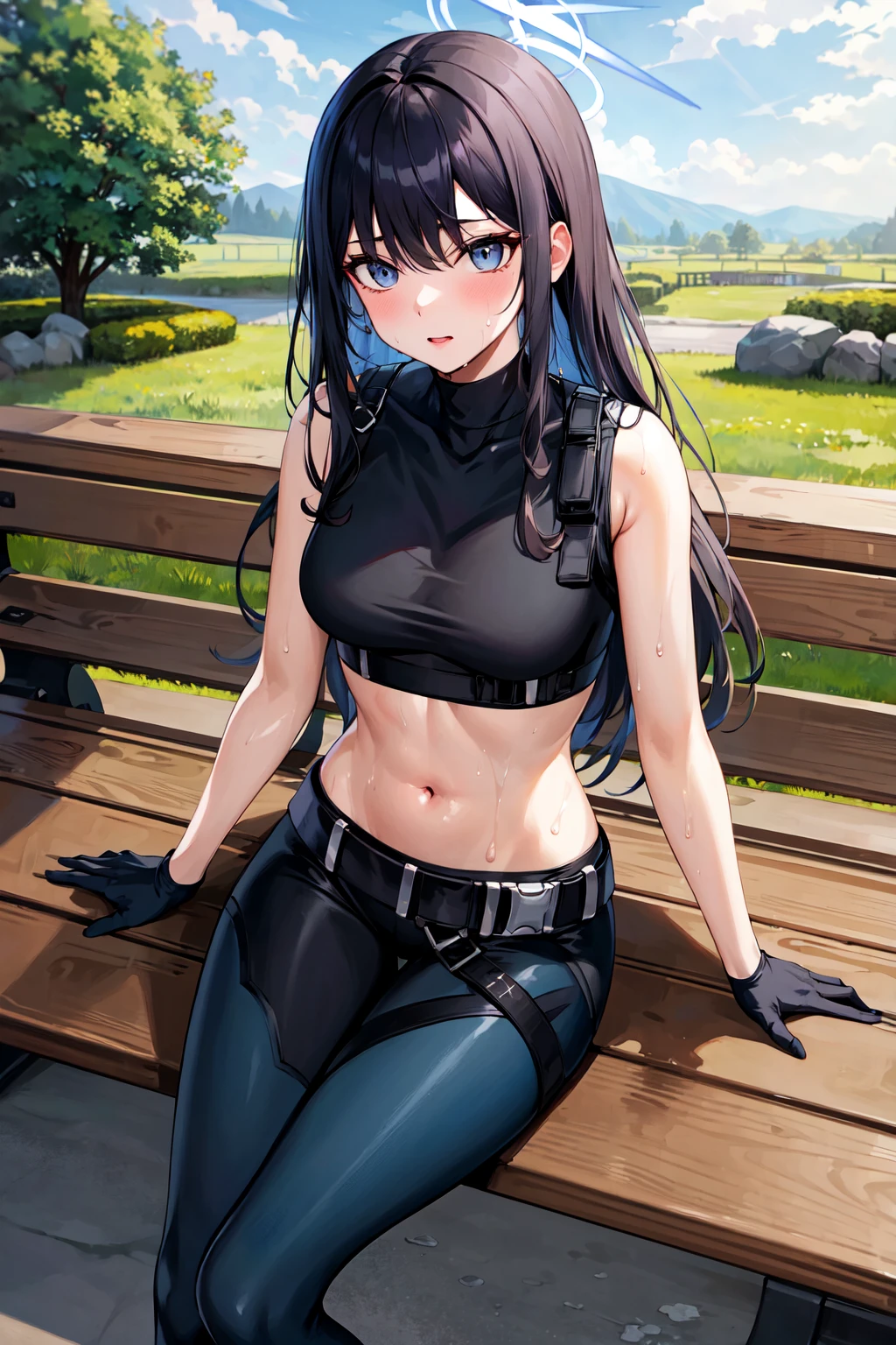 masterpiece, best quality, highres, aasaori, halo, long hair, black hair, bare shoulders, crop top, black shirt, harness, sleeveless, black gloves, midriff, belt, black pants, <lora:saori_(blue_archive)_v1:0.7>, sweat, sitting, bench, outdoors