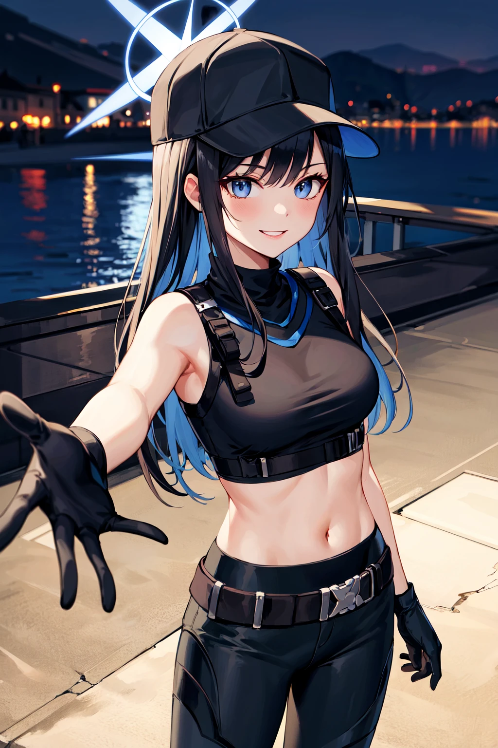 masterpiece, best quality, highres, aasaori, halo, long hair, black hair, hat, black headwear, bare shoulders, crop top, black shirt, harness, sleeveless, black gloves, midriff, belt, black pants, <lora:saori_(blue_archive)_v1:0.7>, reaching out, smile, alley, night