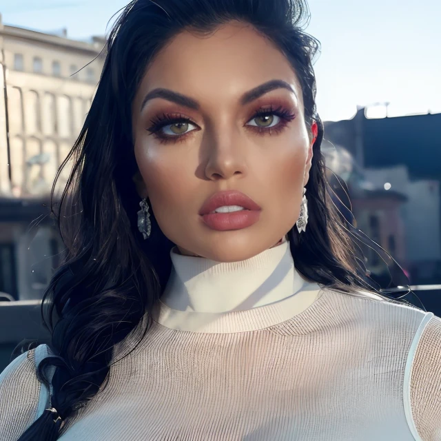 (masterpiece:1.2), (best quality,:1.2), 8k, HDR, ultra detailed, ((photorealistic)), professional light, cinematic lighting, fashion photography, ambient lighting, face lighting, Toochie, <lora:Toochie-10:1>, dynamic pose, wild and messy hair, earrings, dark makeup, choker, necklace, ((portrait shot)), white turtleneck pullover, leather coat, perfect skin