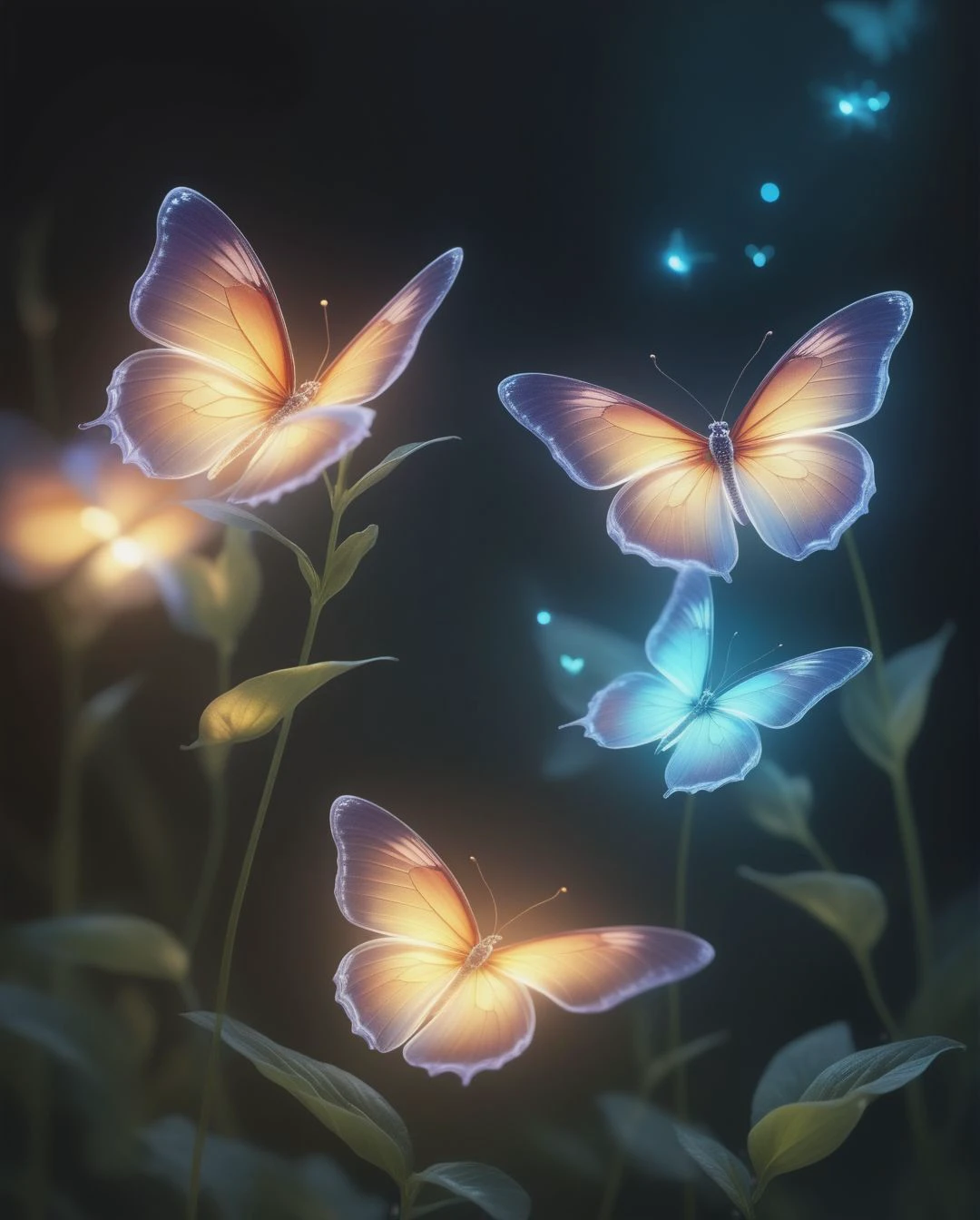 Glowing ethereal butterflies fluttering around a mystical flower, (soft glow), (ethereal ambiance:0.7), dynamic lighting, gentle breeze, cinematic close-up shot