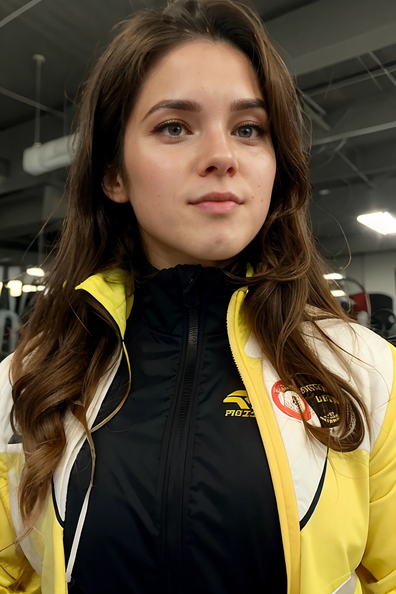 maria andrejczyk, long hair, wavy hair, smooth skin, perfect skin,
sports jacket, sporty jacket, yellow sports jacket,
upper body, medium close-up, gym background, bike,
<lora:MariaAndrejczyk_(V1):0.7>