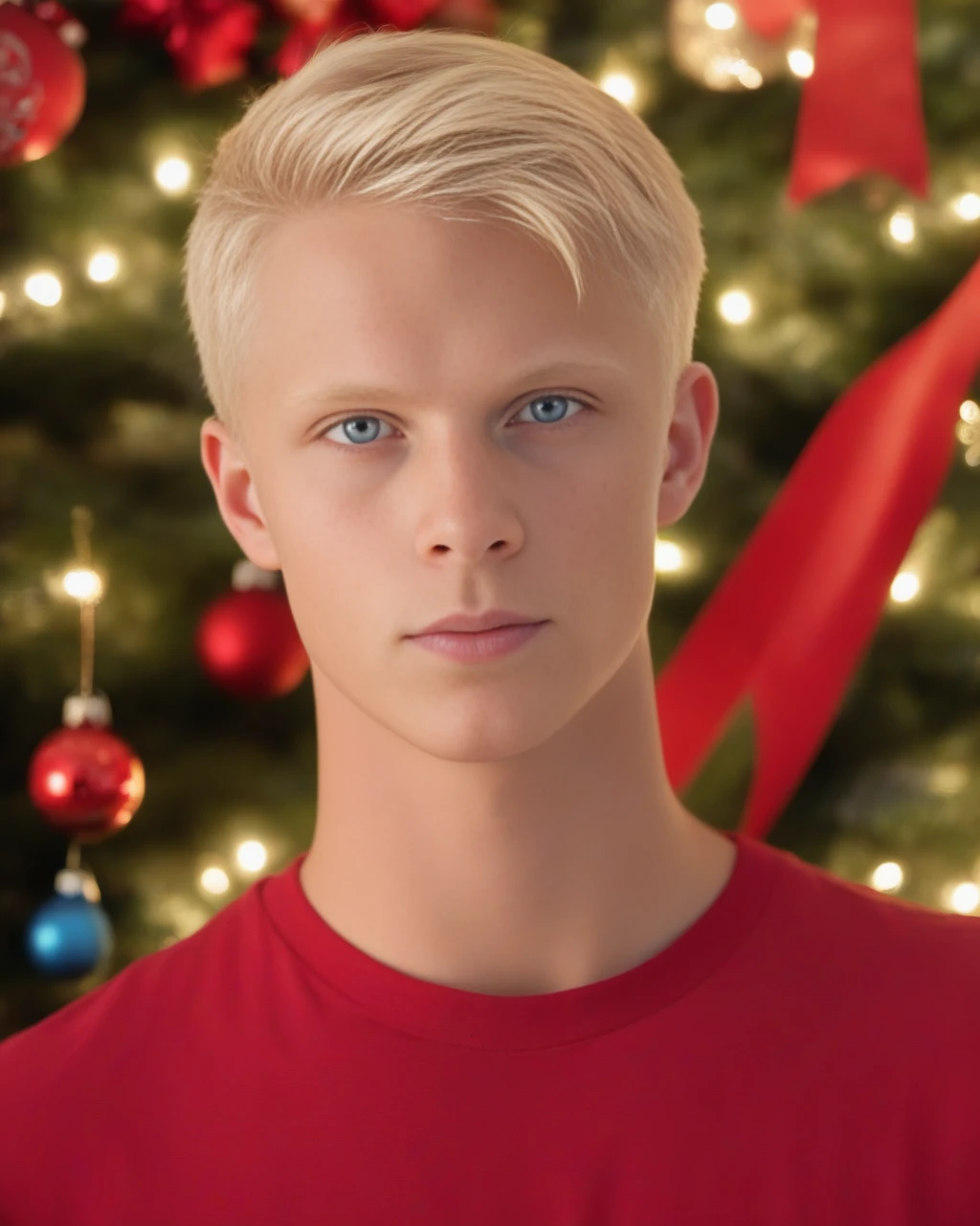 front view shot,
man, short hair, blue eyes,
blonde hair, blonde eyebrows, forehead,
red tshirt,
Christmas decoration, christmas 
 <lora:detailedeyebrows_v0_5:0.8>